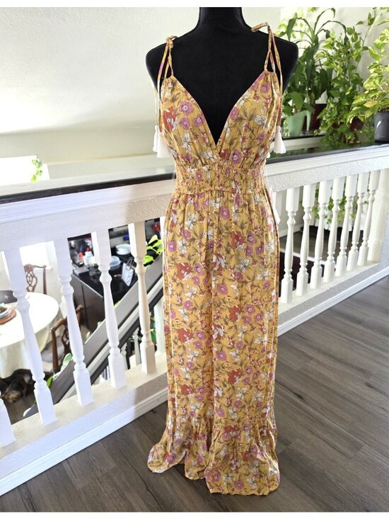 Inspired Hearts Dresses & Skirts - Inspired Hearts Yellow Floral V-Neck Tassel Tie Strappy Maxi Dress Womens L